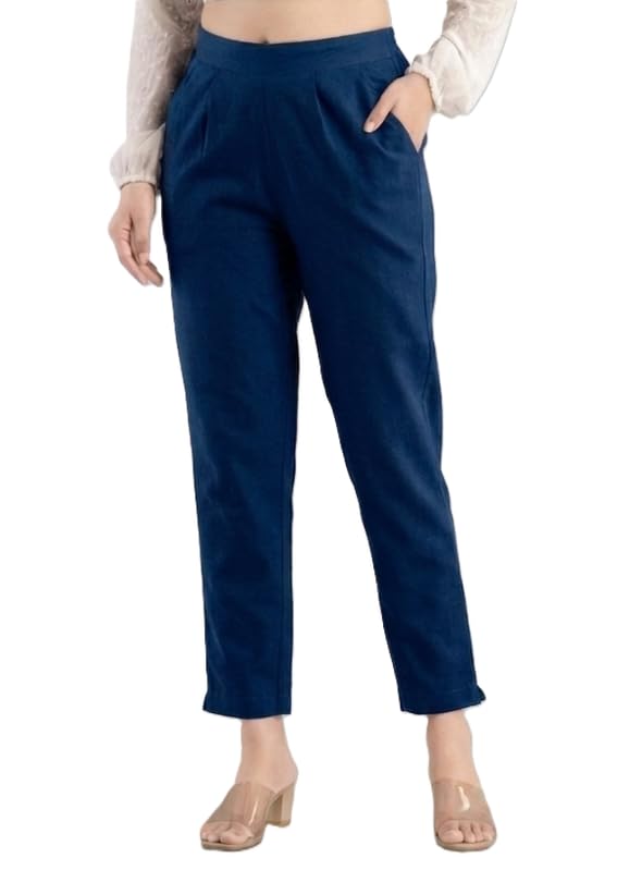Image of Solid Cotton Woman Trousers Pants Regular Fit Kurti Pant with Drawstring Daily Office Formal Casual Use
