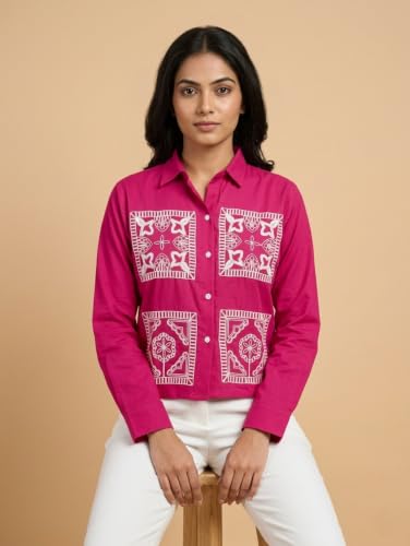 Image of Stylish Women's Embroidered Shirts | Geometric Pattern Half Sleeve Collared Button-Up Casual Shirt for Women