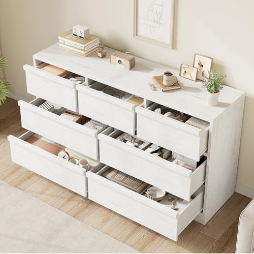 GarveeHome 7 Drawer Dresser for Bedroom, Antique White 7 Chest of Drawers with Large Storage Space, Wooden Dresser Organizer for Living Room, Nursery, Entryway