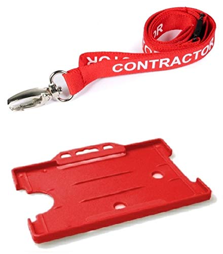 Identity-Plus: Red Pre-Printed Contractor Lanyard (Metal Lobster Clip, Safety Breakaway Point) with Red Landscape Card Holder (25)