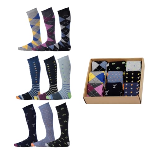 Pierre Henry Over the Calf Socks for Men (9 pairs) | Cotton Over the Calf Dress Socks | Long Socks Stays up