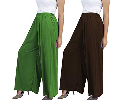 Image of Buy That Trendz M to 4XL Cotton Viscose Loose Fit Women M to 6XL Flared Wide Leg Palazzo Pants for Jade Green Chocolate Brown 2 of Pack Combo Large