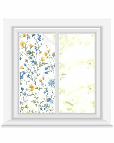 Película de privacidad para ventana floral azul y amarilla 19.6x39.3 in miniatura 1