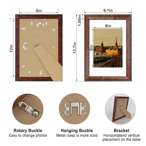 Image of iRahmen 8x12 Vintage Picture Frame with Mat 6x8 - High Definition Real Glass Wooden Photo Frames for Tabletop Display and Wall Mounting (Brown, Set of 4)