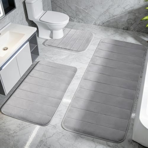 XPJBKC Lot de 3 Tapis de Bain en Mousse à Mémoire de Forme, Tapis Salle de Bain Absorbant & Antidérapant, Doux & à Séchage Rapide, Lavables, pour Douche,...