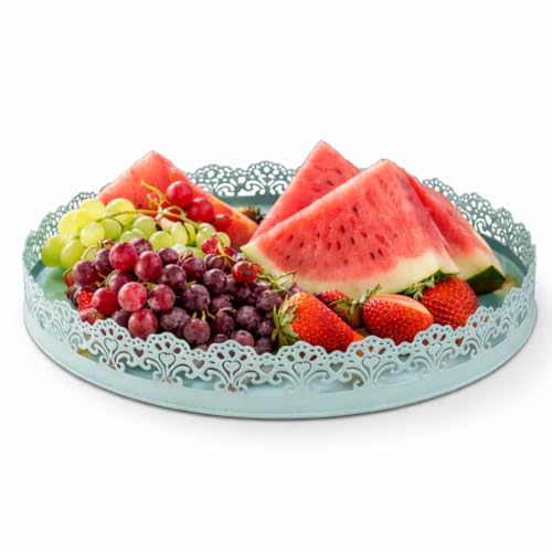 Image of Gold Finish Decorative Metal Tray | Multipurpose Serving & Vanity Tray | Premium Cutwork Design | Home Decor Organizer | 28 x 4 cm (Mint Green)