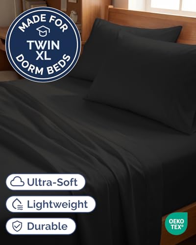 Image of Twin XL 4 Piece Sheet Set - College Dorm Room Essentials - Black | Ultra Soft Dorm Bedding Set, 8 inch to 16 inch Inch Deep Pockets, 1 Flat & 1 Fitted Sheet & 2 Pillowcases, Wrinkle & Fade Free