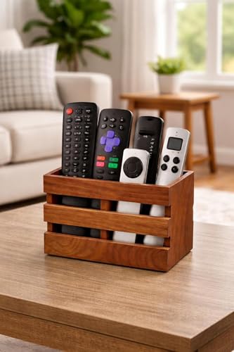Image of Craft Mshopr Wooden Remote Control Holder, Brown Finish, 16.5 x 12.7 cm, Rectangular Multi-Compartment Organizer (Brown)