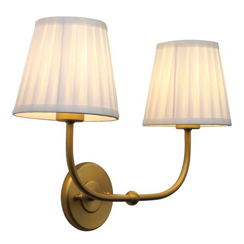 Image of Yosoan 2-Light Antique Brass Wall Sconce, Gold Modern Hardwired Vanity Classic E26 Base Light Fixture with Soft Pleated White Fabric Shade for Bathroom Bedroom Hallway Home Indoor Decor(Antique)