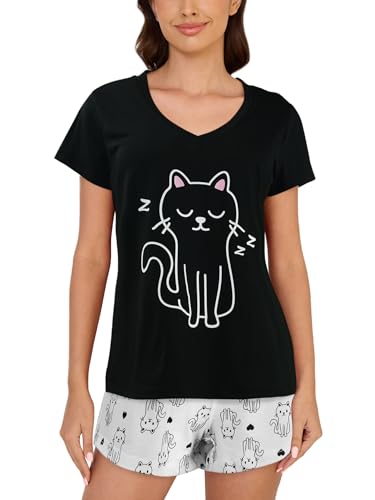 Image of YIJIU Women Short Sleeve Tee and Shorts Pajama Set Cute Alpaca Print Sleepwear