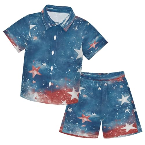 Boccsty Red White Blue Stars Firework Boy Summer Shorts Sets Hawaiian Toddler Boys T-Shirt & Pants 2 Pcs 3T