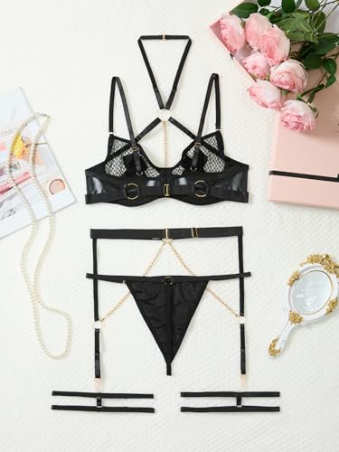 Image of Lilosy Sexy Pu Leather Strappy Underwire Garter Belt Lingerie Set