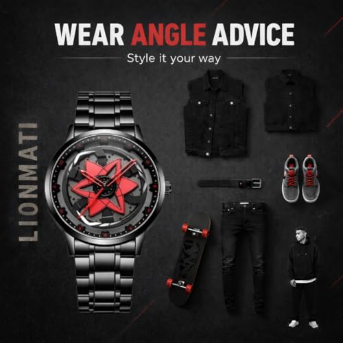 Image of Men's Quartz Watch with Rotating Alloy Wheel Dial | Car Wheel Watch for Men & Boys, Black Stainless Steel Bracelet, Hands Spinner Watch Design