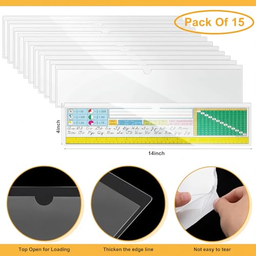 Image of Chinco 15 Pcs Self Adhesive Pockets, Bin Labels for Storage Bins, Clear Pocket Label Sleeves, Plastic Index Card Holder with Top Open for Organizing Bins Box Drawer (14 x 4 Inches)