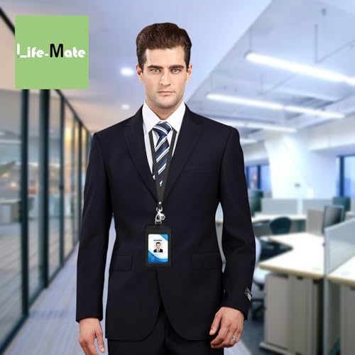 PU Leather ID Badge Holder, Life-Mate ID Badge Holder with 1 Clear ID Window 1 Credit Card Slot and PU Leather Lanyard for Badge Credit Cards College ID Cards in Black