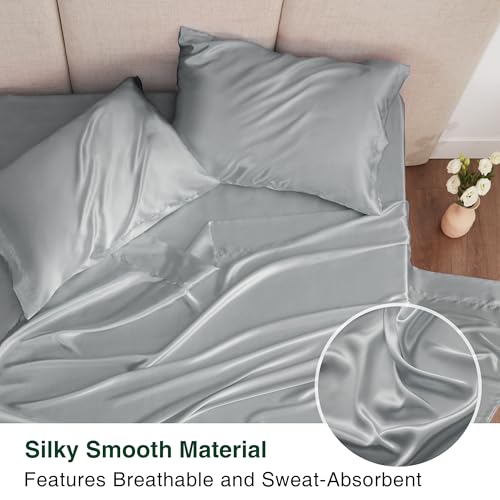 Love's cabin Full Size Satin Sheet Sets - 4 Piece Silver Silky Sheet Set with Deep Pocket, Luxury Silk Feel Satin Sheets Full Bedding Set (1 Flat Sheet,1 Fitted Sheet,2 Pillow Cases)