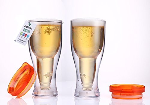 Cupture® Insulated Double Wall Upside Down Beer Glass Tumbler With Slider Lid - 14 oz, 2 Pack