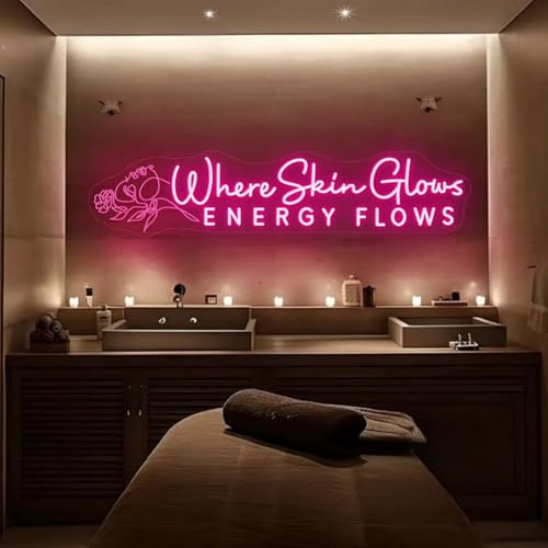 Where Skin Glows Energy Flows Neon Sign, USB Dimmable LED Wall Decor for Spa, Beauty Salon, Skincare Studio, Wellness Room, Self-Care Space, Esthetician Office, Modern Beauty Professionals and Aesthetic Enthusiasts