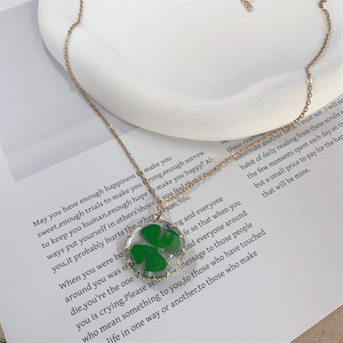 Green Four-Leaf Clover Choker Necklace For Women 14k Gold-Tone Plated Boho Dried Flower Round Glass Pendant Layered Chain Good Lucky Plant Irish St. Patrick's Day Charm Jewelry Gifts For Her Wife - Image 4