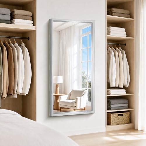 Image of 60 x 28 inch Brushed Silver Bathroom Mirror, Metal Framed Large Rectangle Mirror, 0.6 inch Thickened Deep Frame Mirrors for Living Room Bedroom, Tempered Glass, Antirust, Horizontal or Vertical