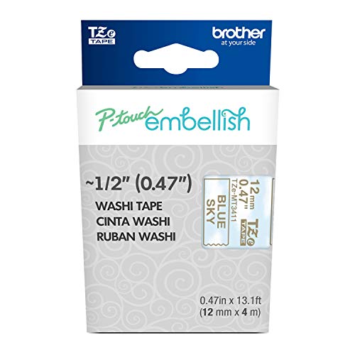 Image of Brother P-Touch Embellish Gold Print on Blue Sky Washi Tape TZeMT3411 - ~~ inch Wide x 13.1' Long for use with P-Touch Embellish Ribbon & Tape Printer