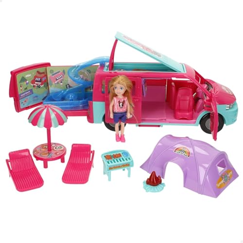 ColorBaby 39015 Bella Holidays Muñeca y Furgoneta Rosa con Accesorios Camping, Mide 14 cm, Incluye Tobogán, Piscina, Tienda campaña, Tumbonas, Sombrilla, Barbacoa, Muñecas para niñas y niños +3 años