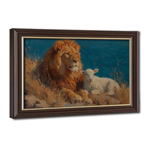Peinture lion et agneau foi chrétienne tableau déco salon et chambre 40x61 cm