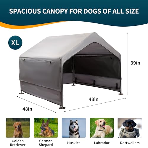 Extra Large Dog House Outdoor with Three-Sided Breathable Mesh Windows, Dog Tent Outside Doghouse Canopy with Ground Stakes, Sun Rain Cover for Cat Livestock Pet, 4'x 4'x 3.3', Gray - Image 4