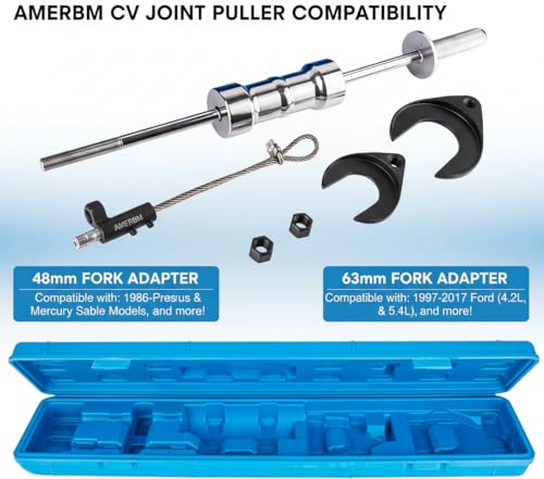 Amerbm 10lb Heavy Duty CV Axle Removal Tool Kit, Professional Inner CV Joint Puller with 10 Pounds Slide Hammer, 63mm & 48mm CV Joint Fork Adapter Attachments for Front Wheel Drive FWD Axle Half Shaft by Amerbm - Image 3