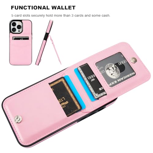 Image of KIHUWEY Compatible with iPhone 13 Pro Case Wallet with Credit Card Holder, Premium Leather Magnetic Clasp Kickstand Heavy Duty Protective Cover for iPhone 13 Pro 6.1 Inch (Pink)