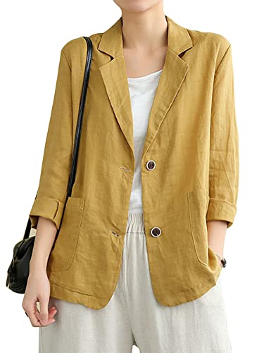 IDEALSANXUN Blazerjacke aus Baumwollleinen für Damen, langärmelig, lockere Freizeit-Blazer, EIN Gelb, XL
