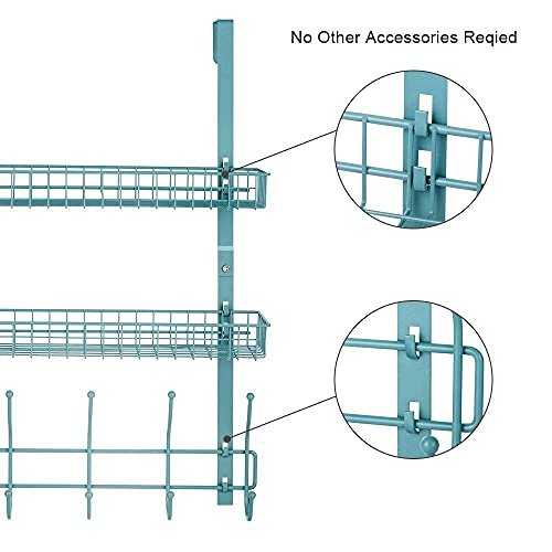 Over The Door Hook 5 Double-Row Hooks & 2 Baskets Metal Shelf Hanger Door Hook 2 Tier Storage Rack for Coats, Towels, Bags (Aqua Blue) - Thumbnail 5