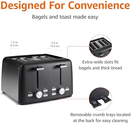 Amazon Basics 4 Slice Toaster, 7 Browning Settings, Extra Wide Slots for Bagels and Specialty Breads, Removable Crumb Tray, Cancel/Defrost/Bagel Buttons, 1500W, Black & Silver - 2