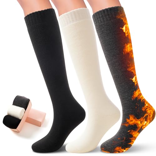 Image of SISOSOCK 3 Pairs Warm Knee High Socks for Women Winter Thick Soft Extreme Cold Weather Thermal Boot Socks with Gifts Box
