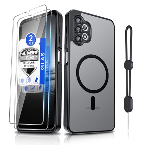 Dizn Magnetisch Hülle für Samsung Galaxy A32 5G: für MagSafe 2 Panzerglas Folie Kameraschutz Band Matt Translucent Militärstandard Schutz Hulle Magnet Handyschutz Jungs HandyHülle A 32 6.5 Schwarz