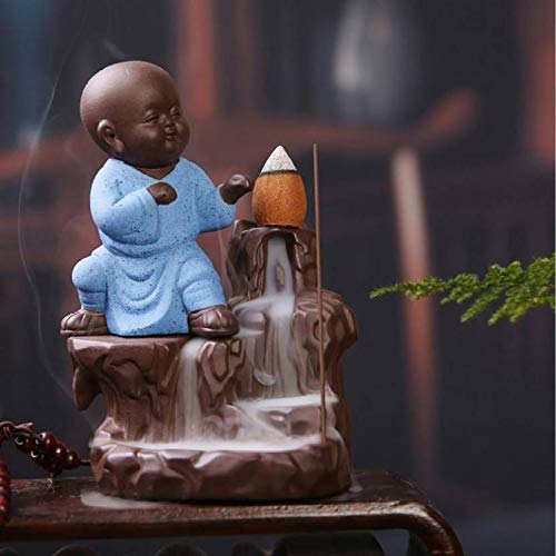 Kunti Craft Karate Style Monk Buddha Smoke Backflow Cone Incense Holder Decorative Showpiece with 10 Smoke Backflow Scented Cone Incenses (Blue)(Resin, Conical)