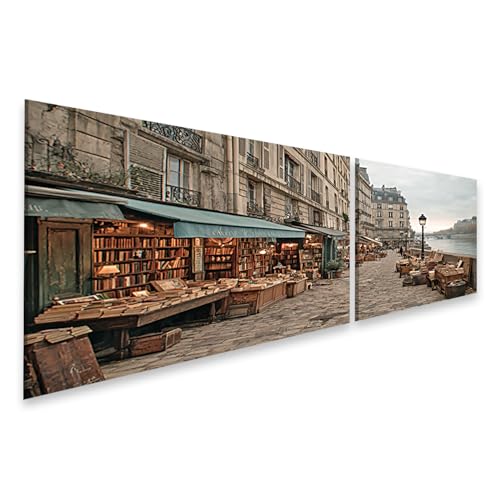 islandburner Quadro su tela bancarelle sulla riva della Senna a Parigi – Quadro da parete per gli amanti dei libri – 2 pezzi