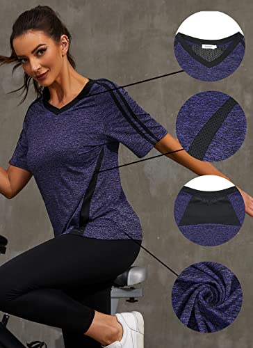 Hocosit Women's Yoga Tops Activewear V Neck Workout Shirts Exercise Running Dry Fit Tee Purple #TOP2