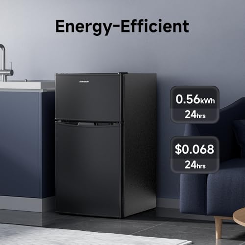 BANGSON Mini Fridge with Freezer, 2 Door Small Refrigerator with Freezer, Mini Fridge for Bedroom, 3.2 CU.FT, For Home, Office, Dorm, Garage or RV, Black