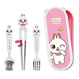 Edison Friends Rabbit Stainless Steel Chopsticks, Spoon, Fork and Case 4 Set, Chopsticks Training, Beginner, Brain Training (White Rabbit) Right Handed/Made in Korea