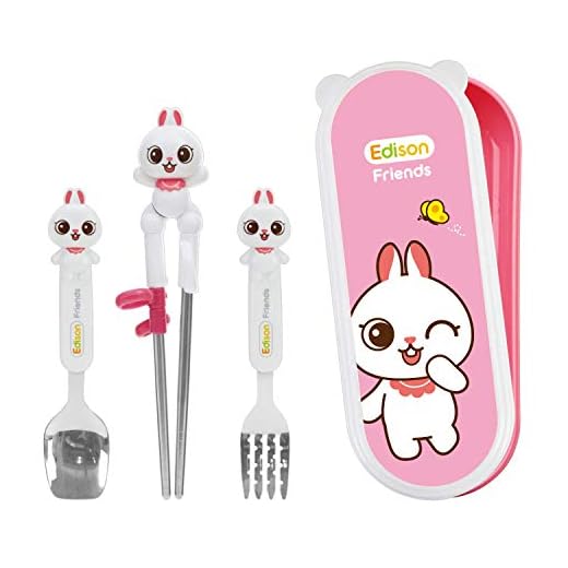 Edison Friends Rabbit Stainless Steel Chopsticks, Spoon, Fork and Case 4 Set, Chopsticks Training, Beginner, Brain Training (White Rabbit) Right Handed/Made in Korea
