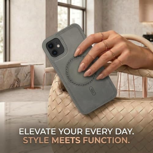Image of amazon basics Premium PU Leather Case for iPhone 11, MagSafe Compatible Magnetic Ring, Sleek Protective Back Cover - [Gray]