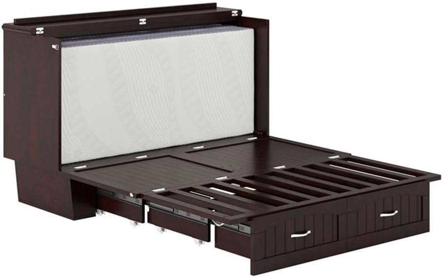 Pemberly Row Farmhouse Solid Wood Queen Murphy Bed Chest, Espresso Finish, Gel-Infused Memory Foam Mattress, Built-in USB Charging Station, Space-Saving Design, Bedroom or Guest Room Furniture