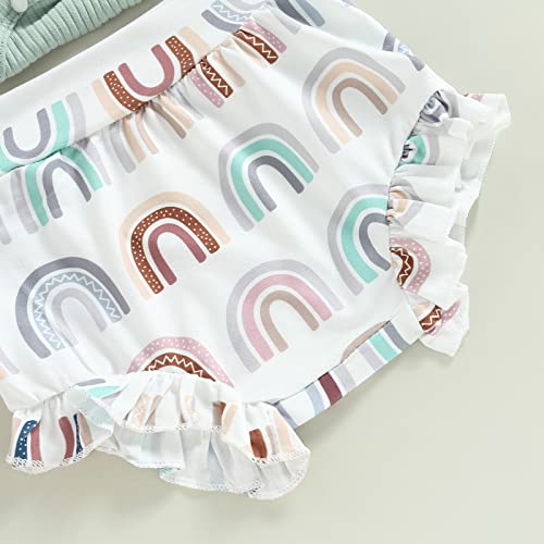 Newborn Baby Girl Summer Outfits Ribbed Sleeveless Romper Bodysuit Top And Ruffle Shorts Headband Clothes Sets (Green Rainbow, 12-18 Months) #TOP6