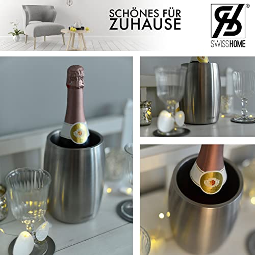 Foto von SWISSHOME® - Weinkühler/Sektkühler mit Sommelier-Set (Belüfter, Vakuumverschluss & Flaschenöffner) aus Edelstahl in Premium Geschenkverpackung | Champagner-Flaschen bis 1.5L & Ø 10cm