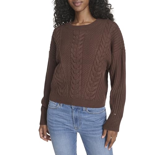 Tommy Hilfiger レディース ソリッド ケーブル クルーネック ボビー プルオーバー セーター, チコリ。, Medium