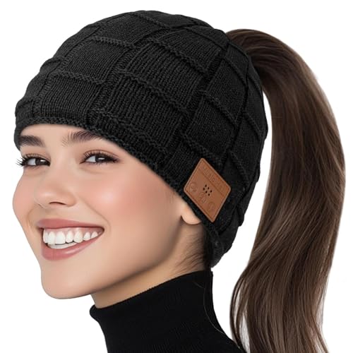 Bluetooth Beanie Hat, Women Rechargeable Headphone Beanie Cap, Windproof Winter Knit Cap, Crystal Clear Hands-Free Calling, Immersive Music Playback