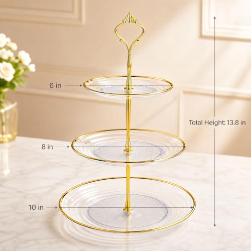 Image of Goaste 3 Pack 3 Tier Cupcake Stand, Clear Plastic Round Tiered Serving Stand with Gold Rim, Reusable Dessert Pastry Tower Tray, Candy Buffet Holder for Wedding Birthday Baby Shower Tea Party Decor