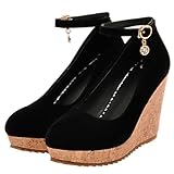 Uniquelly Womens Wedge Mary Janes Thick Platform High Heel Pumps Ankle Strap Round Toe Fashion Shoes (Black,US7.5)