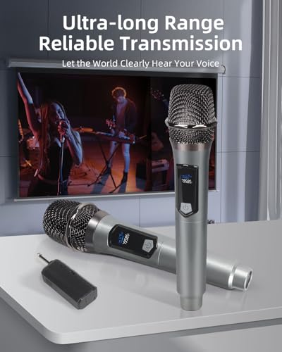 Image of 2.4GHz Wireless Microphone System, Dual Handheld Cordless Dynamic Mics with Rechargeable Receiver, Anti-Interference Plug & Play Mic for Karaoke Machine, Party, Speaker, Church, 200-250ft Range